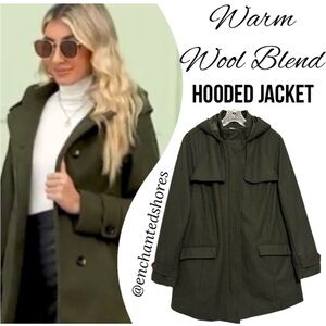Hooded Peacoat Wool Dark Moss Olive Green Zipper Front Womens Size XXL